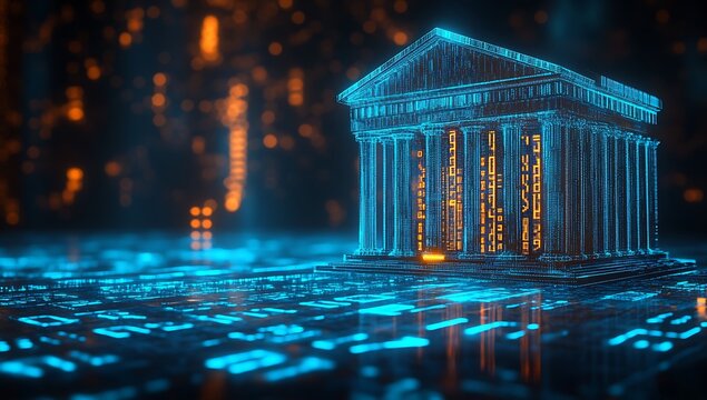 Digital bank building glowing blue and orange columns