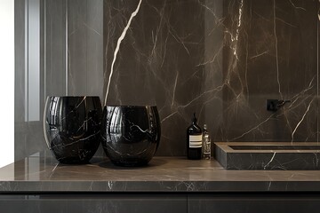 Dark marble countertop with black vessels and minimalist sink