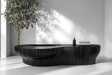 Organic, dark-hued freestanding bathtub in minimalist bathroom, sunlight streams through window, casting shadows on wall