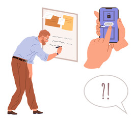 Man focuses on brainstorming on a board phone in hand unlocking with a PIN. Speech bubble adds confusion. Ideal for productivity, focus, multitasking, security, distraction, ideas decision-making. A