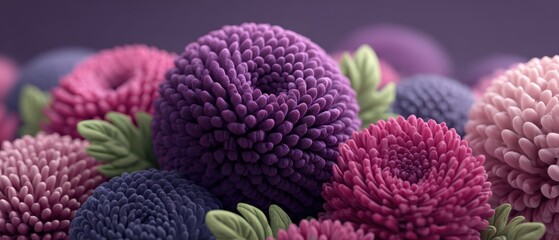 Close-up view of colorful decorative pom-poms in shades of purple pink red and blue with detailed texture and soft background
