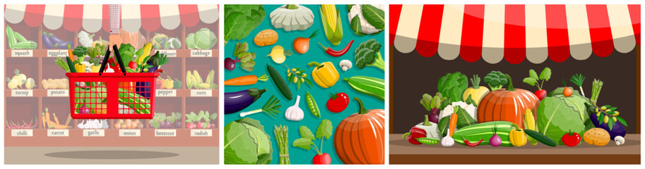 Grocer holding red shopping basket full of fresh raw vegetables and fruits at wooden shop stall. Farmer market agriculture harvest.