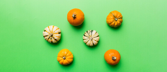 Autumn composition of little orange pumpkins on colored table background. Fall, Halloween and Thanksgiving concept. Autumn flat lay photography. Top view vith copy space
