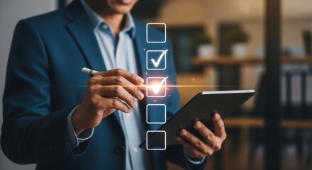 Businessman checking off tasks on a digital checklist with a pen on a tablet, symbolizing completion and success