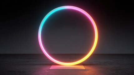 Vibrant Neon Light in Circular Shape with Color Gradient and Glowing Illumination on Dark Background for Artistic Design