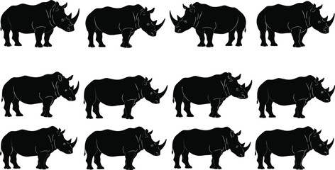 Flat vector illustration of rhinoceros silhouettes in various poses, wild animal shapes, African safari wildlife collection, endangered species art, black and 