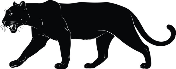 Flat vector illustration of black panther walking side view, wild big cat silhouette, jungle predator animal, fierce feline vector art, wild cat wildlife illustration, 