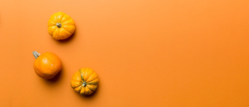 Autumn composition of little orange pumpkins on colored table background. Fall, Halloween and Thanksgiving concept. Autumn flat lay photography. Top view vith copy space