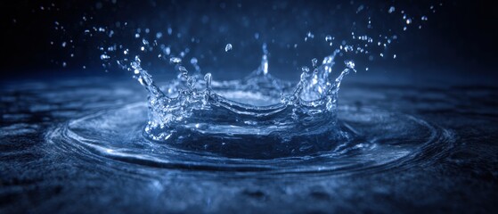 High detailed close-up image of a water droplet splash creating ripples and splashes with a dark background emphasizing motion and fluidity