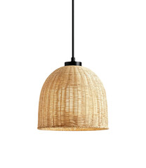 Beige wicker pendant light.  A dome-shaped light fixture made of light beige woven material, likely wicker or rattan.  Dark-colored metal hanging cord