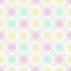 Seamless Mandala Floral Pattern with Colorful Line Art on White Background