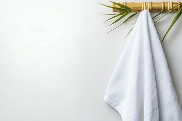 White towel hangs on bamboo hook against white wall, adorned with green leaves