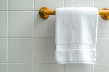 White bath towel hanging on a wooden bar against white tiled wall