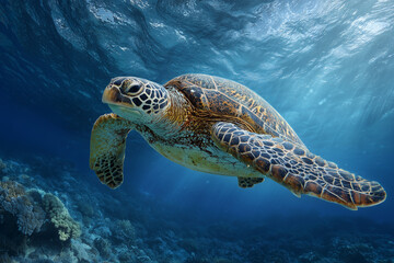 Fototapeta premium Sea turtle swimming in the ocean water