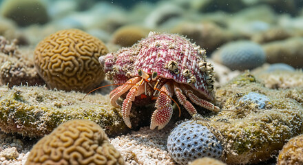 Underwater macro shot of hermit crab crawling over coral rubble