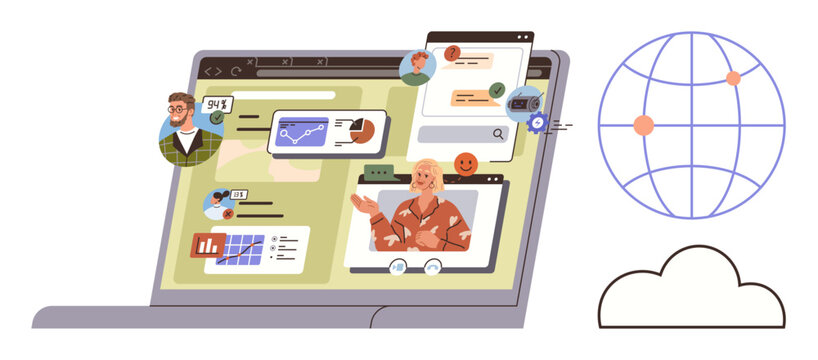 People engaging through online tools, sharing video calls, charts, and data. Ideal for remote work, global networking, technology, online learning, communication digital marketing web services