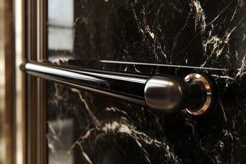 Close-up of black marble wall, shiny chrome bar, and decorative round end