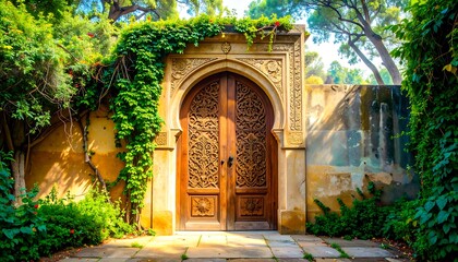 Fototapeta premium Ornate wooden archway in a lush garden