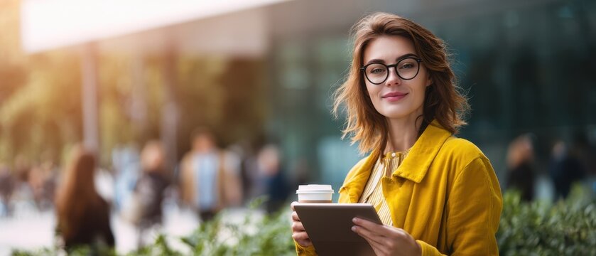 The woman with tablet and coffee enjoys a sunny urban morning while working remotely