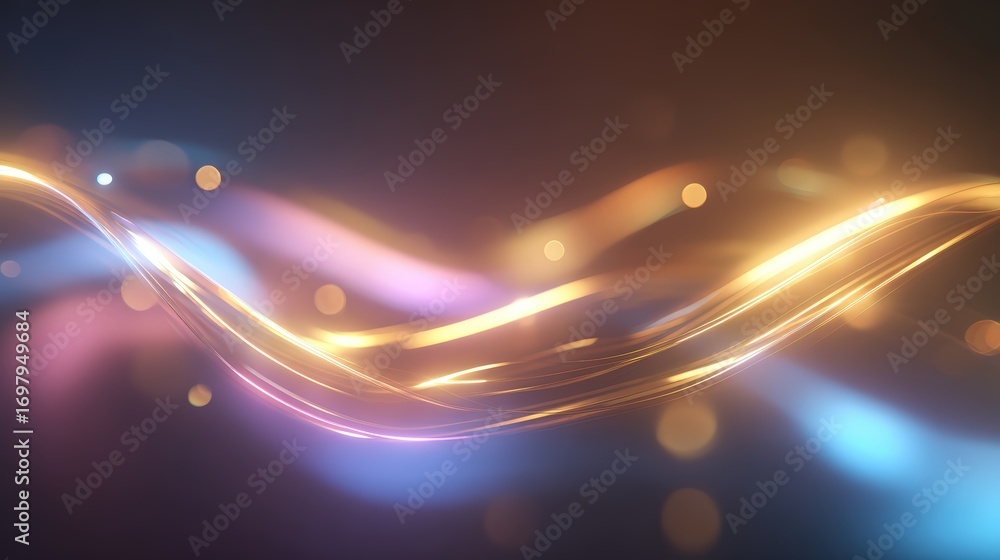 Wall mural abstract flowing light waves with golden glow and bokeh effect in vibrant colors for digital design 
