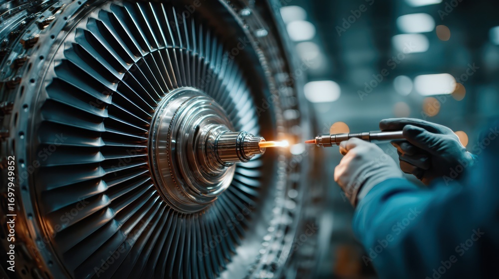 Poster a technician uses a torch to repair a turbine engine component, highlighting precision and skill in 