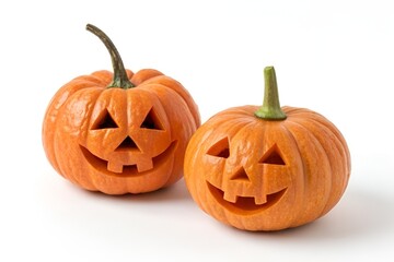 Twin Carved Pumpkins with Chevron Faces and Mischievous Grins on White Background