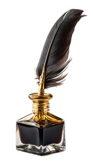 Antique quill pen resting in a glass inkwell with golden accents