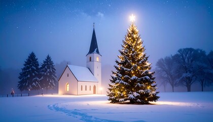 A serene winter scene portrays a snow-covered church and Christmas tree bathed in soft, golden light under a starry night sky.
