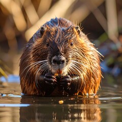 Nutria eating by water