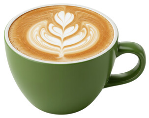 Hot coffee cup filled with cappuccino, army green ceramic mug