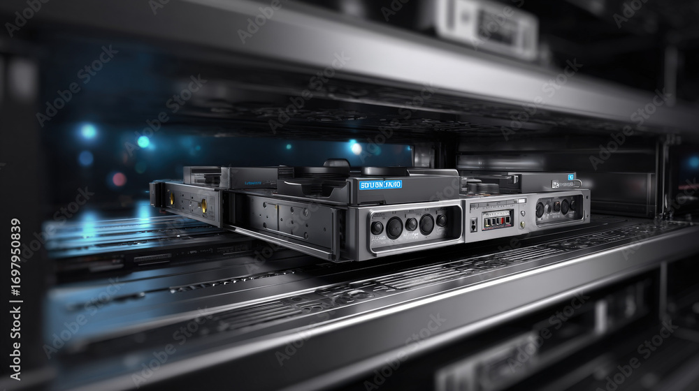 Wall mural ssd storage array drawer sliding smoothly into chassis dust-free environment professional mood illus