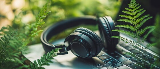 The Headphones Resting on a Laptop Keyboard Surrounded by Fern Leaves in Nature
