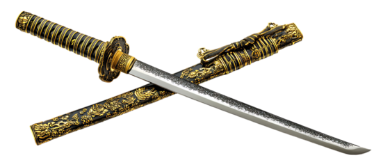 Ornate japanese katana sword and scabbard crossed display