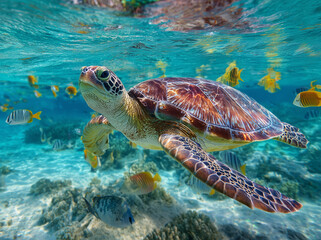 Obraz premium Sea turtle swimming in the ocean with fish