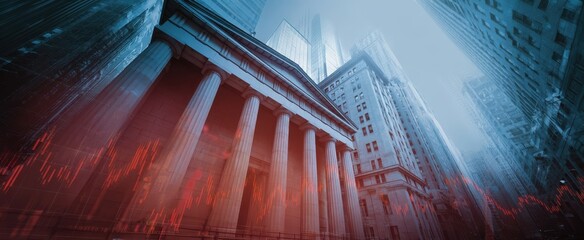 The Bank Building Among Towering Skyscrapers With Red Stock Market Graph Overlay