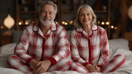Obraz premium Couple in matching holiday pajamas enjoying cozy time together in a warm home setting during winter festivities