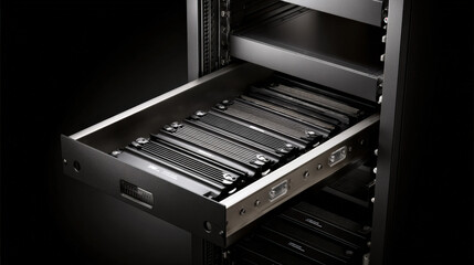 SSD storage array drawer sliding smoothly into chassis dust-free environment professional mood illustration concept scene visual for commercial design use high detail quality stock image illustration 