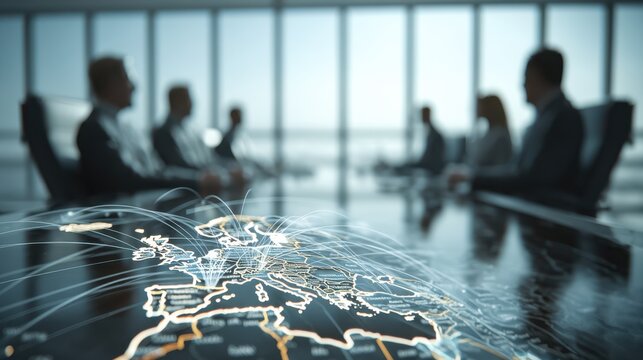 A silhouette of a business meeting with a digital map overlay on the table, depicting global connections and collaborative discussions.