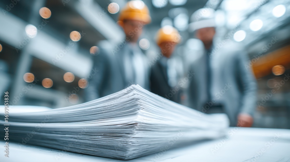 Aufkleber a stack of documents in the foreground with blurred figures in hard hats and suits in the background