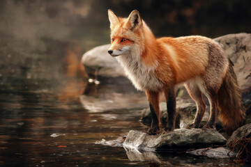 Obraz premium Red fox standing on a rock near water
