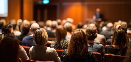 The audience listening attentively to a keynote presentation in a warm conference auditorium