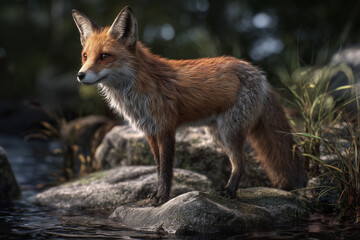 Obraz premium Red fox standing on rock in the forest