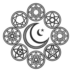 Circular arrangement of esoteric symbols including moon star and various geometric stars