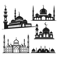 Collection of black silhouette mosques and islamic architecture designs on a white background