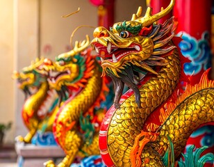Fototapeta premium Ornate golden dragons, vibrant colors, temple detail