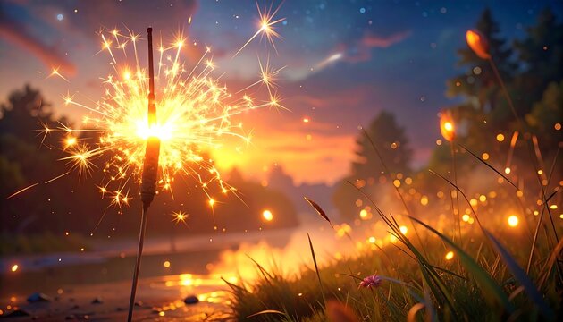 Sparkling stick by river at sunset. Sky glows orange and pink, soft meadow beside water. - Powered by Adobe