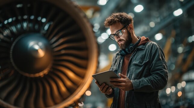 A man in a warehouse inspects an aircraft engine while using a tablet, showcasing the intersection of technology and aviation maintenance. - Powered by Adobe