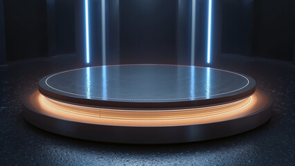 Futuristic glowing podium with blue neon lights and orange base