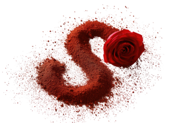 Red spice, rose, and symbol design.  A rich red symbol, like a 'S' or '3', is formed from a scattering of red spice.  A single, vibrant red rose rests atop the spice