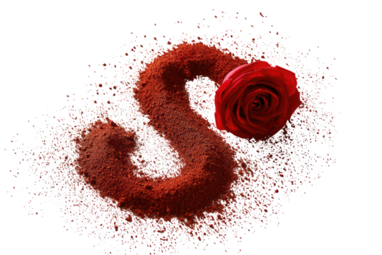 Red spice, rose, and symbol design.  A rich red symbol, like a 'S' or '3', is formed from a scattering of red spice.  A single, vibrant red rose rests atop the spice